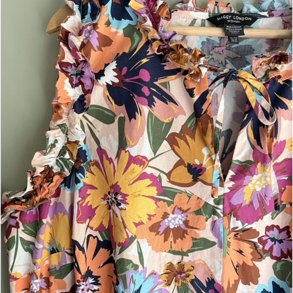 MAGGY LONDON Woman Floral Ruffle Sleeveless Dress Cotton Retro Plus Size 22W - Picture 3 of 11